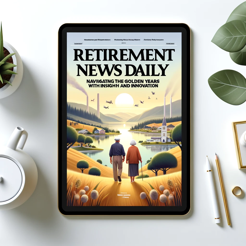 A digital magazine cover titled "Retirement News Daily" with an elderly couple walking in a serene landscape, symbolizing peace and fulfillment in retirement.