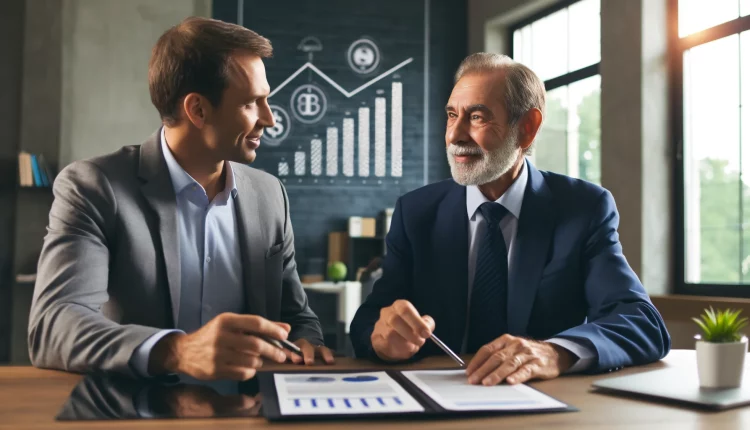 A financial advisor discusses retirement plans with a client, highlighting charts and graphs indicating financial growth.